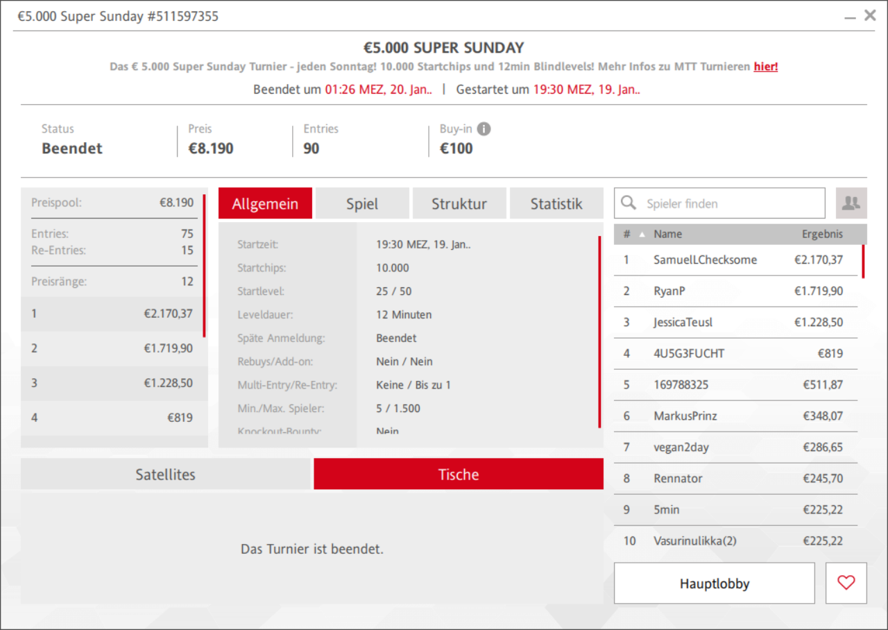 Ein Bild eines Online-Pokerturniers mit einem hohen Preispool von 5.000 €, das am 20. Januar 2025 stattfindet. Es zeigt einen virtuellen Pokertisch auf einem Computerbildschirm mit