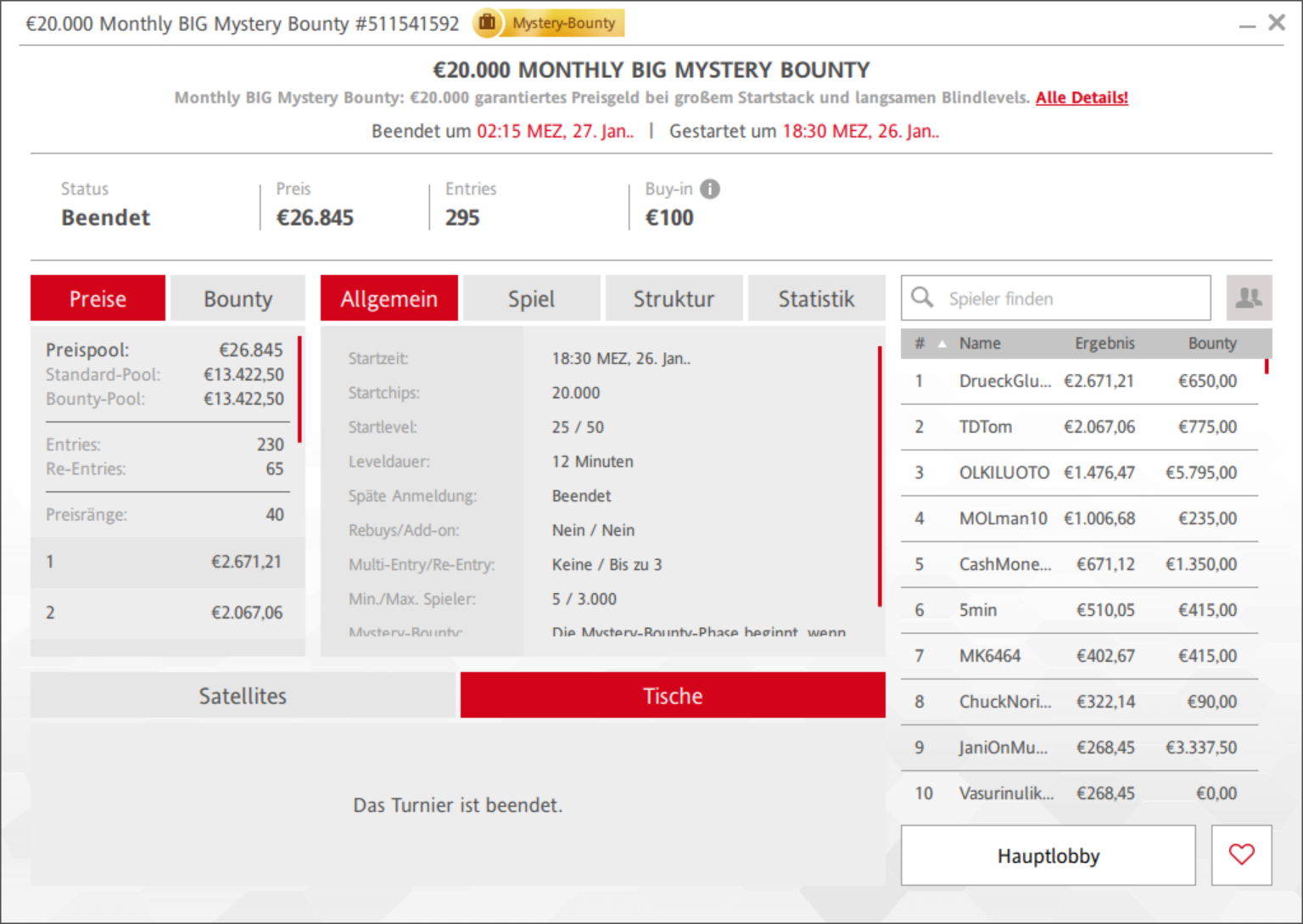 Ein Bild eines Online-Pokerturniers mit dem Titel "€20.000 Monthly BIG Mystery Bounty", das eine virtuelle Pokertischumgebung zeigt, an dem mehrere Spieler teilnehmen.