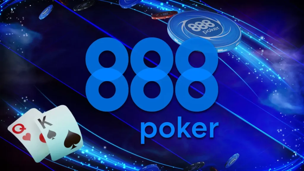 Ein stilisiertes Logo von 888poker, bestehend aus den Zahlen 888 in blauer Schrift vor einem schwarzen Hintergrund.