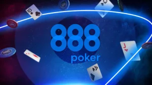 Das Bild zeigt das Logo von 888poker - ein stilisiertes "888" in blauer Schrift auf weißem Hintergrund.