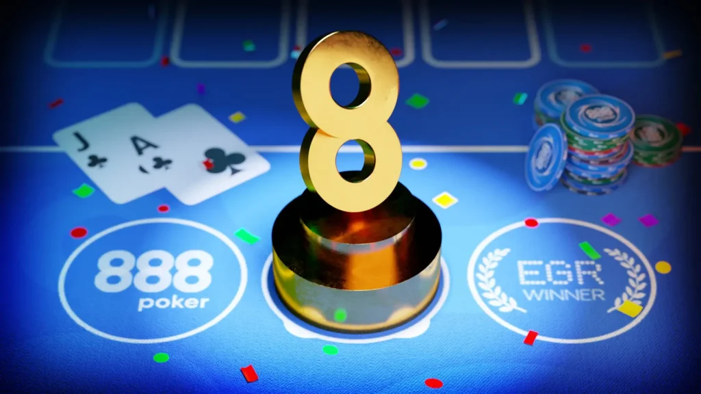Ein stilisiertes goldenes Logo von 888poker, das aus den Zahlen "888" besteht, mit einem glänzenden Effekt.