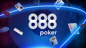 Ein stilisiertes Logo von 888poker, bestehend aus einer grünen und schwarzen stilisierten 8 mit dem Text "888poker".
