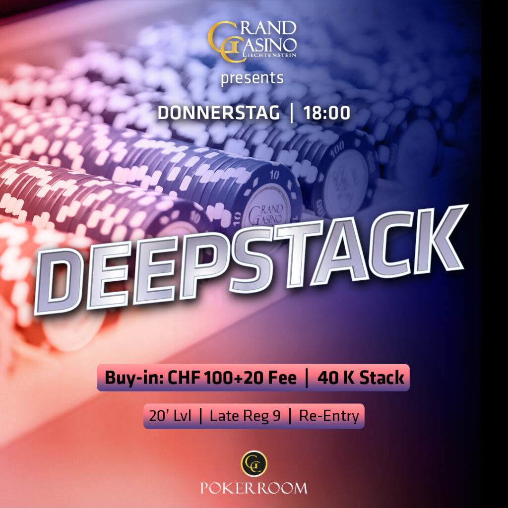 Ein professioneller Pokerspieler setzt Chips in einen großen Pot während eines spannenden Deepstack-Turniers.
