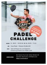 Ein Flyer im A4-Format für die Capt Seefeld Padel Challenge mit einem ansprechenden Design und Informationen zur Veranstaltung.