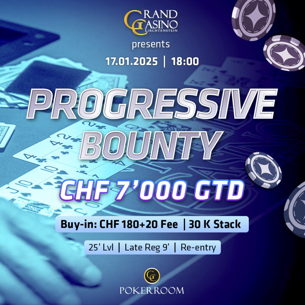 Ein bunter und dynamischer Pokertisch mit Spielkarten, Pokerchips und einem Stapel Bargeld. Im Hintergrund sind verschwommene Personen zu sehen, die an einem spannenden Pokerspiel teilnehmen.