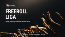 Ein Twitter-Post über die Freeroll-Liga mit dem Titel "Social Media Post Freeroll Liga". Das Bild zeigt ein stilvolles Design mit Poker-Chips und Karten-Elementen in den Farben Rot, Schwarz und