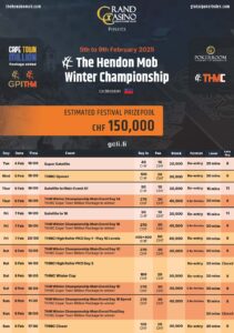 Ein Poster mit dem Zeitplan für das THMC 2025 Pokerturnier in Liechtenstein. Es enthält Informationen zu den Veranstaltungsterminen und -orten.