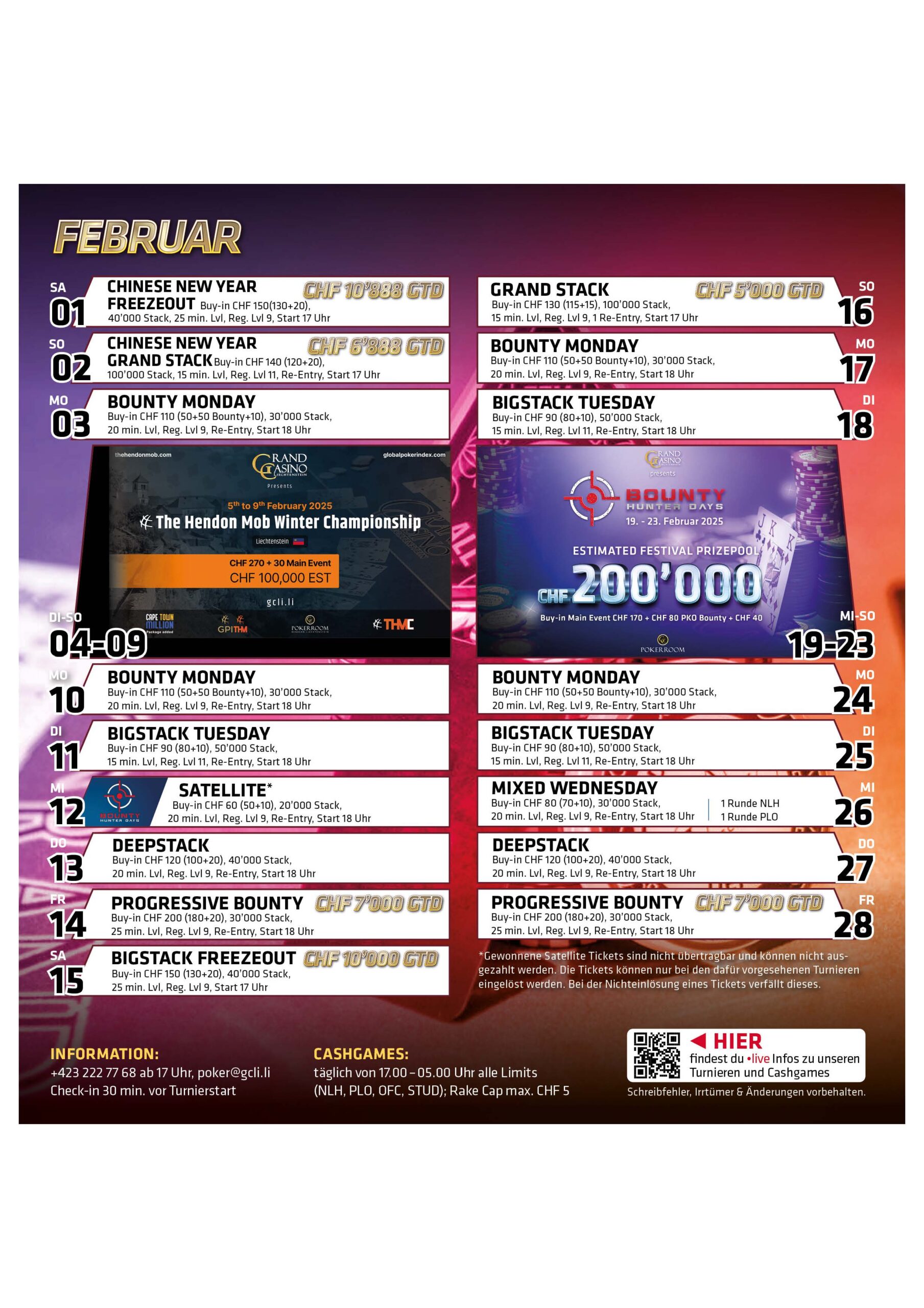 Ein Bild eines Turnierplans für den Monat Februar 2025 mit verschiedenen Poker-Events und Daten.