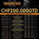 Ein Zeitplan für die Warriors-Spiele mit dem Logo des Teams oben rechts und dem Datum des Spiels in der Mitte.