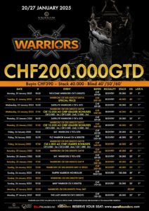 Ein Zeitplan für die Warriors-Spiele mit dem Logo des Teams oben rechts und dem Datum des Spiels in der Mitte.