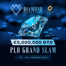 Ein Bild von der Diamond Poker Series PLO Grand Slam im Januar 2025. Spieler sitzen an einem Pokertisch mit Stapeln von Pokerchips vor sich, während sie ihre Karten halten. Die Atmosphäre ist intensiv