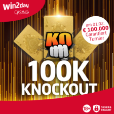 Ein Bild eines Pokertisches mit Chips und Spielkarten, auf dem ein Logo mit dem Text "100k Knockout" zu sehen ist.