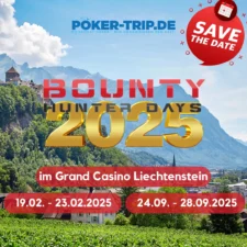 Ein professioneller Pokerspieler mit Sonnenbrille und Kappe, der konzentriert an einem Pokertisch sitzt und seine Karten betrachtet, während er von anderen Spielern umgeben ist.