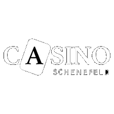 Ein stilisiertes Logo des Casinos Schenefeld, bestehend aus einem stilisierten Schriftzug in Schwarz und Rot auf einem weißen Hintergrund.