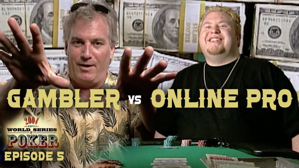 Eine Gruppe von Pokerspielern sitzt an einem Tisch während des World Series of Poker 2004. Sie sind konzentriert und halten ihre Karten. Eine Mischung aus Spannung und Ernsthaftigkeit ist spür