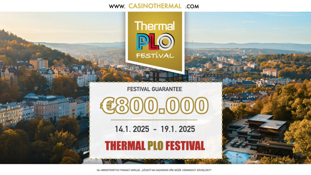 Ein stilisiertes Logo für ein Poker-Turnier im Januar 2025 mit dem Titel "Thermal PLO Jan 2025". Das Logo besteht aus abstrakten grafischen Elementen in den Farben Blau,