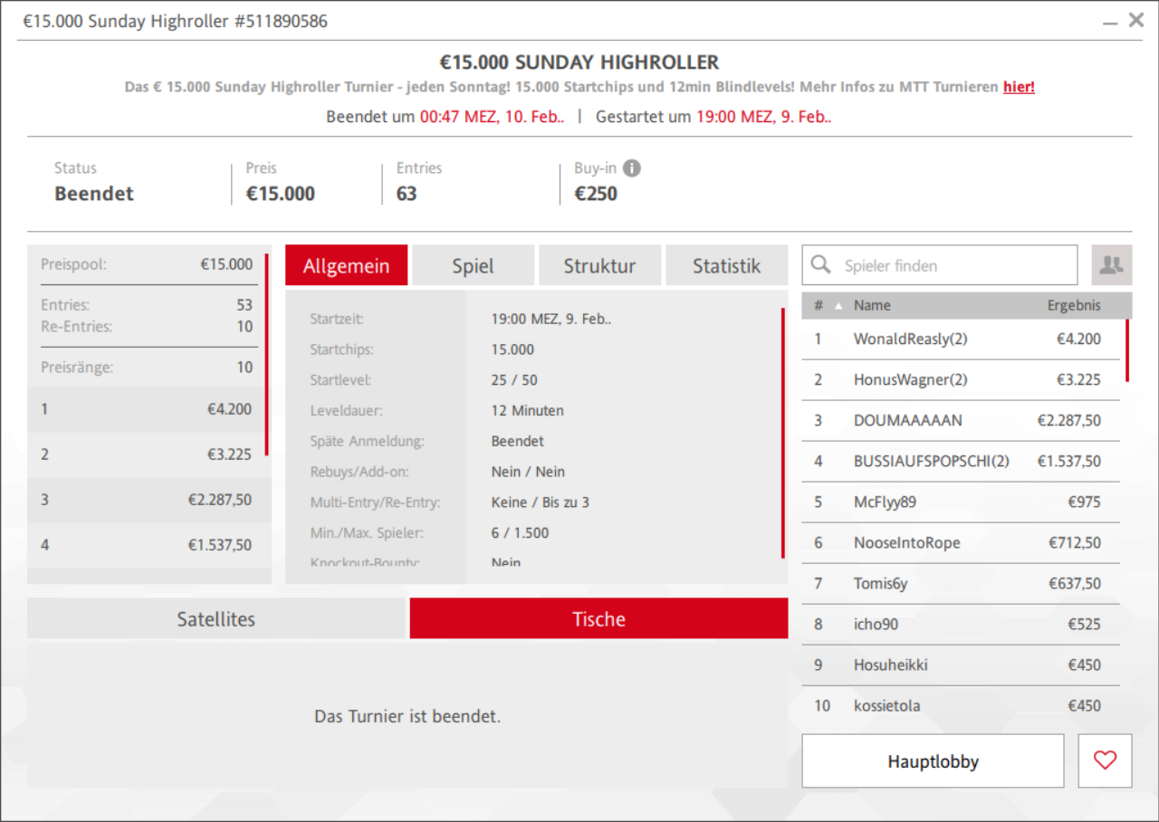 Ein Bild eines Online-Pokerturniers mit einem hohen Einsatz und einer großen Anzahl von Spielern, die um den Gewinn kämpfen. Das Design des virtuellen Pokertisches ist professionell gestaltet und zeigt Spannung und W