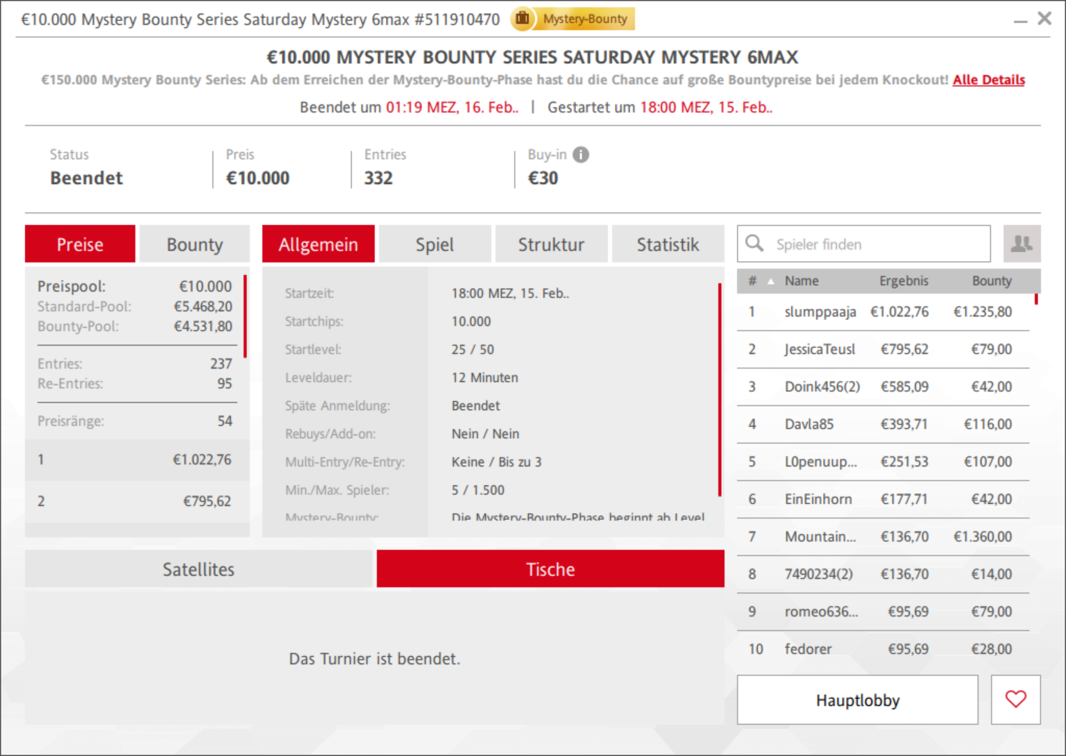 Ein Online-Pokerturnier mit dem Titel "€10.000 Mystery Bounty Series Saturday Mystery 6max", das auf einem Computerbildschirm dargestellt wird. Das Bild zeigt die Pokertischeinstellung mit Spielkarten,