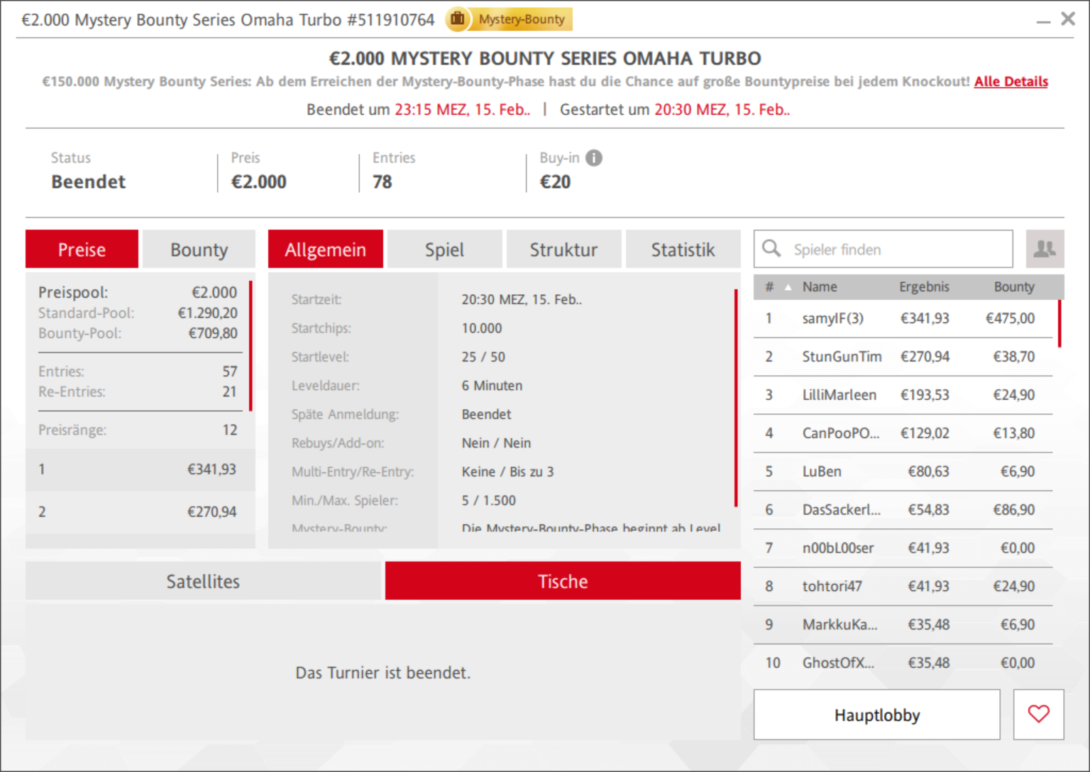 Ein Online-Pokerturnier der Mystery Bounty Series Omaha Turbo, mit einem spannenden Spielverlauf und mehreren Spielern an den virtuellen Tischen.