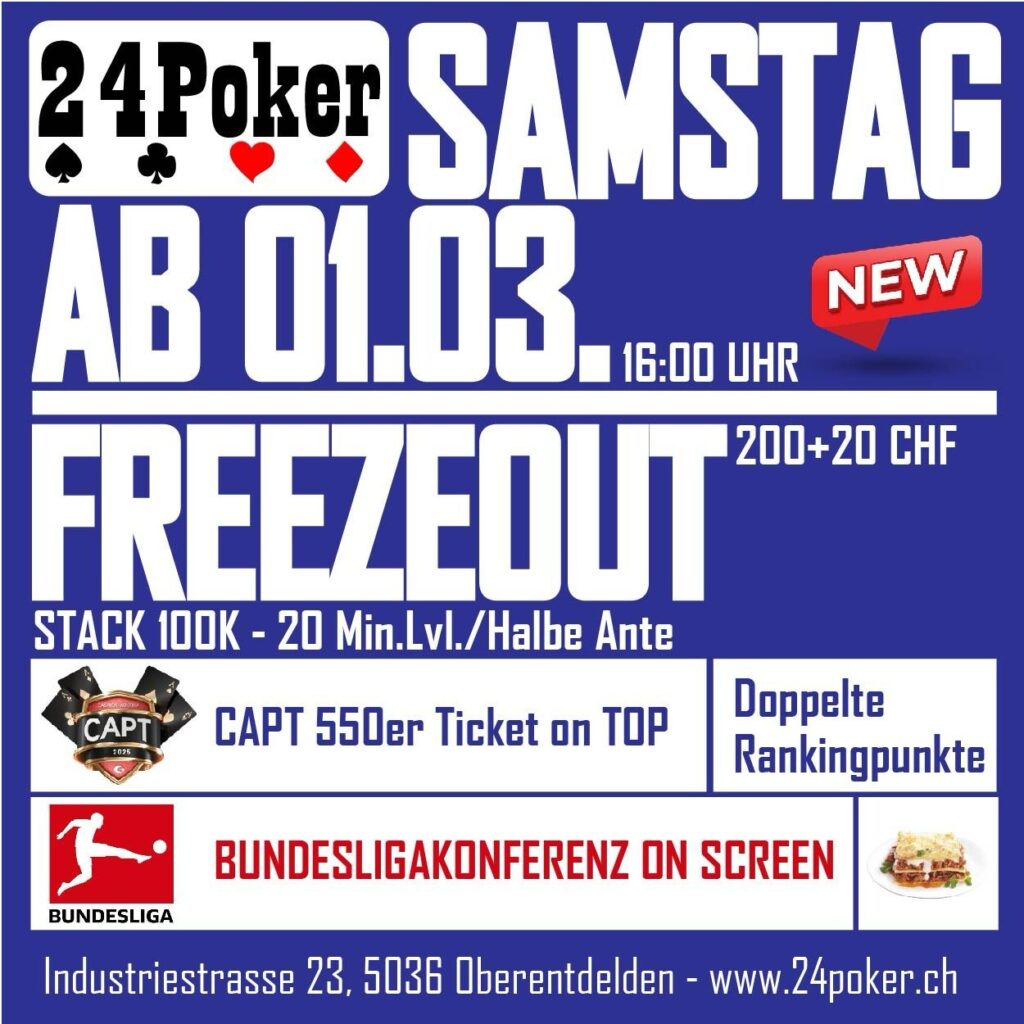 Ein Gruppenfoto von Pokerspielern, die an einem Turnier teilnehmen, mit Pokertischen im Hintergrund. Ein Spieler hält gerade seine Karten hoch und starrt intensiv auf den Tisch. Andere Spieler