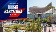Ein Pokertisch bei einem Turnier der European Poker Tour in Barcelona, umgeben von Spielern, die Karten halten und Jetons stapeln. Die Atmosphäre ist konzentriert und spannend, mit einem Dealer in der