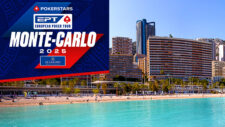 Ein Pokertisch bei der European Poker Tour in Monte Carlo, umgeben von Spielern, die Karten halten und Chips stapeln. Die Atmosphäre ist spannend und konzentriert.