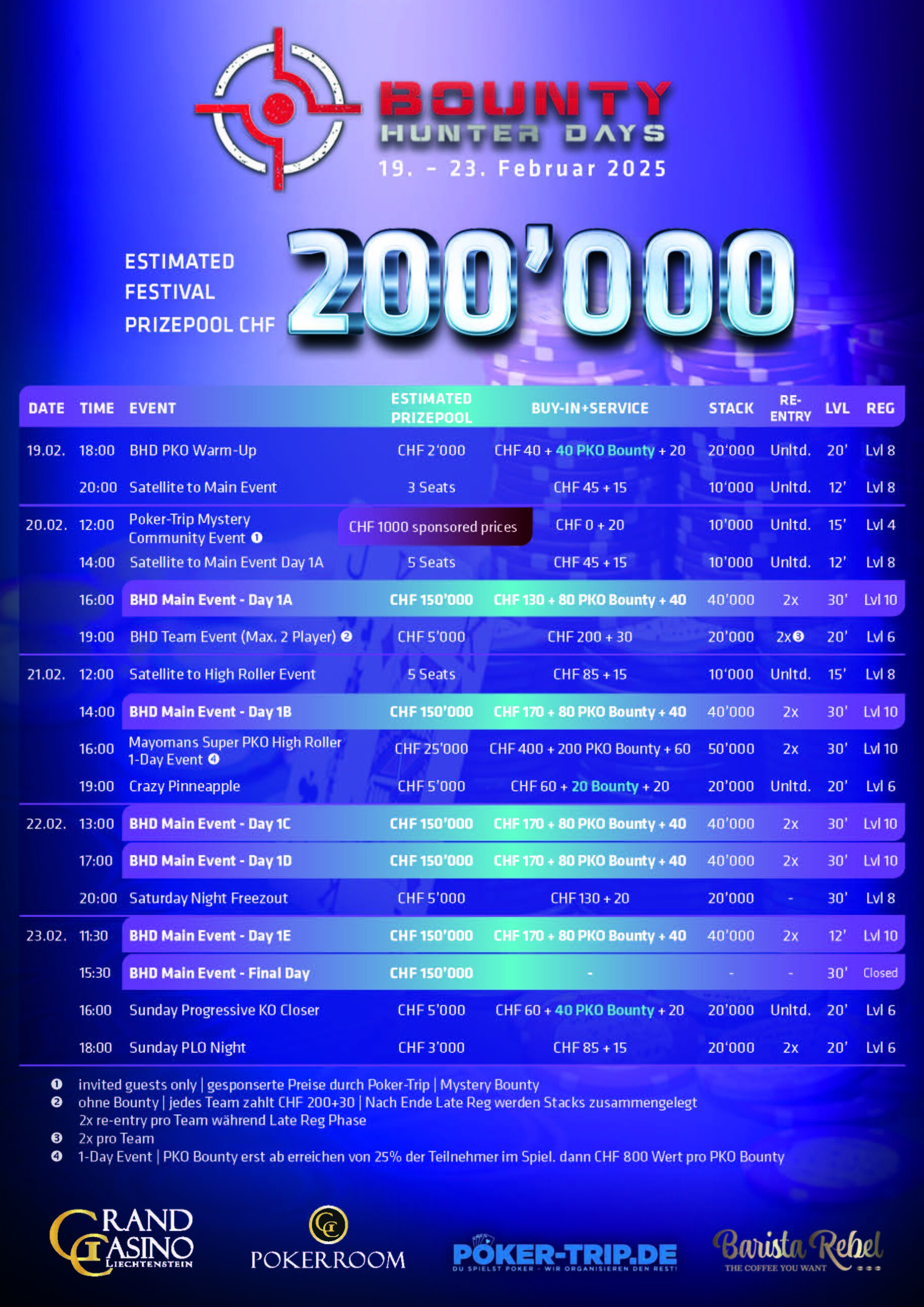 Ein A5-Flyer mit einem farbenfrohen Zeitplan für ein Pokerturnier, der Informationen über die Termine, Veranstaltungsorte und Preise enthält.