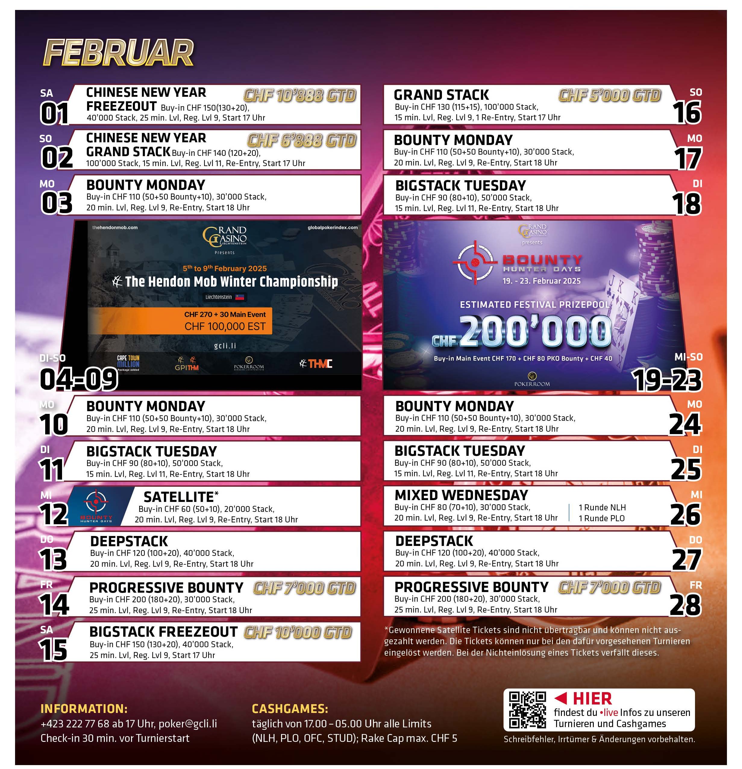 Ein Bild eines Pokerturnierplans für den Monat Februar 2025 mit verschiedenen Spielzeiten und Einsätzen.