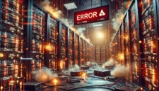 Ein Dummy sitzt vor einem Server, der von künstlicher Intelligenz betrieben wird, während ein Serverabsturz stattfindet.
