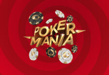 Ein lebhaftes und farbenfrohes Plakat für ein Pokermania-Event, das verschiedene Pokerkarten, Chips und Glücksspiel-Elemente zeigt.