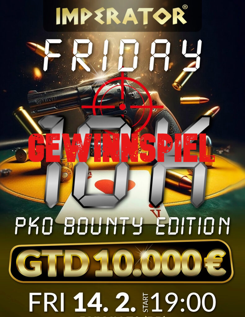 Ein Bild eines Glücksspielautomaten mit dem Titel "Imperator Gewinnspiel Februar 2025". Die Maschine zeigt bunte Lichter und Symbole auf dem Bildschirm.