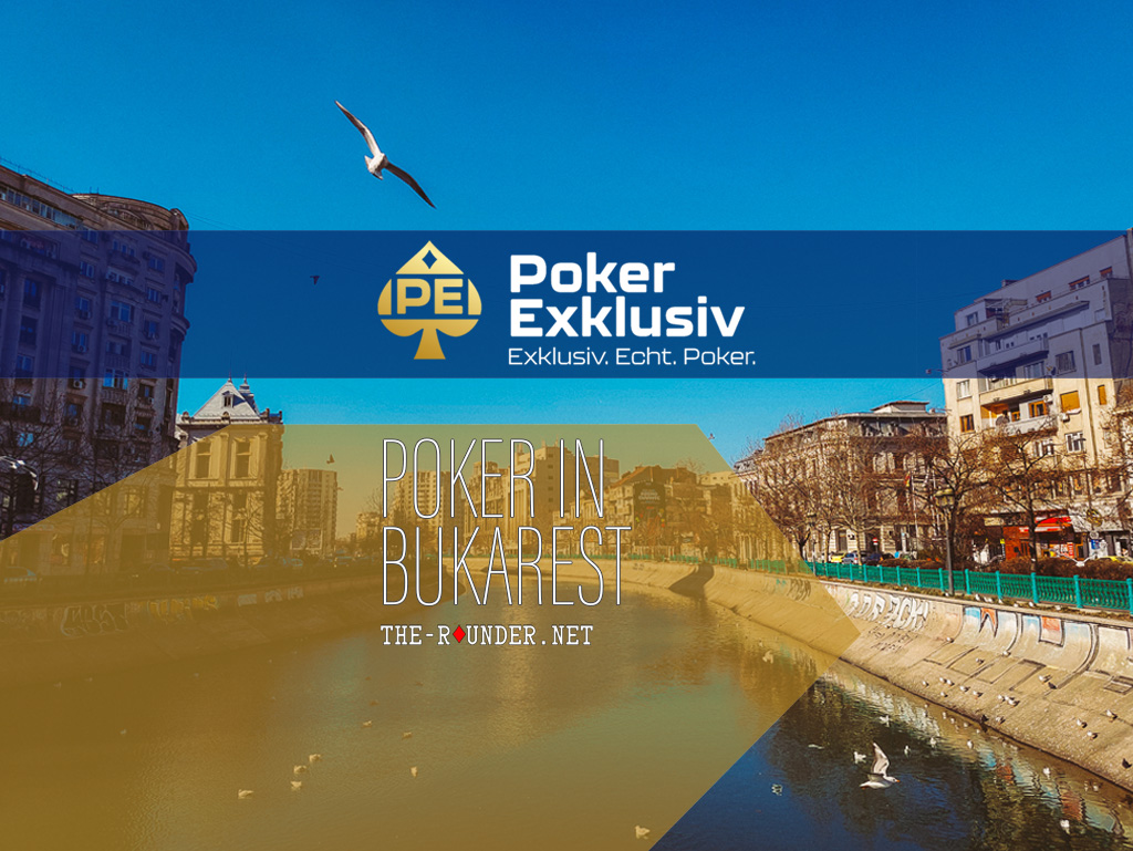 Ein Gruppenfoto von Pokerspielern, die während eines Turniers in Bukarest, Rumänien, konzentriert an ihren Tischen sitzen. Die Spieler haben Karten und Pokerchips vor sich liegen, während sie