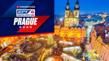 Ein Foto von einem Pokertisch während eines Turniers bei der European Poker Tour in Prag. Spieler sitzen um den Tisch herum, Chips und Karten liegen verteilt. Im Hintergrund sind Zuschauer und eine B