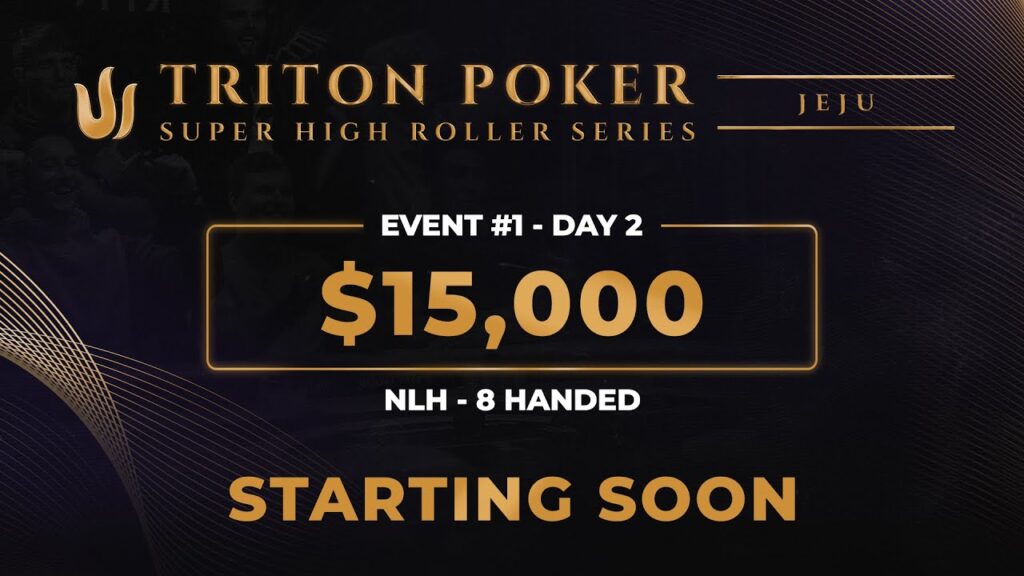 Ein Foto von einem Pokertisch während des Triton Poker Series Jeju 15k NLH 8-Handed Day 2 Livestream. Die Spieler sitzen rund um den Tisch und spielen Poker.