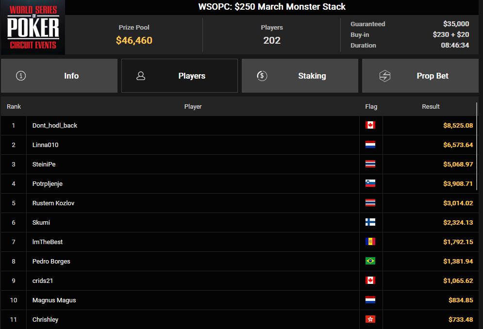 Ein Screenshot von PokerCraft, der die abgeschlossenen Turniere zeigt. Die Benutzeroberfläche ist im Browser Mozilla Firefox geöffnet.