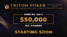 Ein Live-Stream-Bild von einem Pokerturnier in Jeju mit einem Buy-in von 50.000 US-Dollar, Pot-Limit Omaha, 6 Spieler am Tisch, Tag 2.