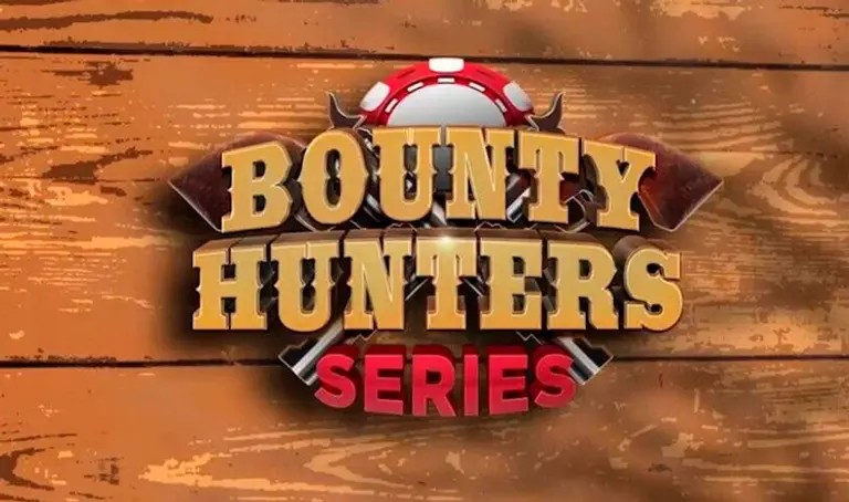 Ein farbenfrohes Plakat für die "Bounty Hunters Series" von GGPoker, das verschiedene Spielkarten, Chips und Pokerchips zeigt.