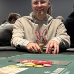 Ein Pokerspieler mit Sonnenbrille und Kappe, der konzentriert Karten hält und auf den Tisch schaut. Im Hintergrund sind andere Spieler und Pokerchips zu sehen.