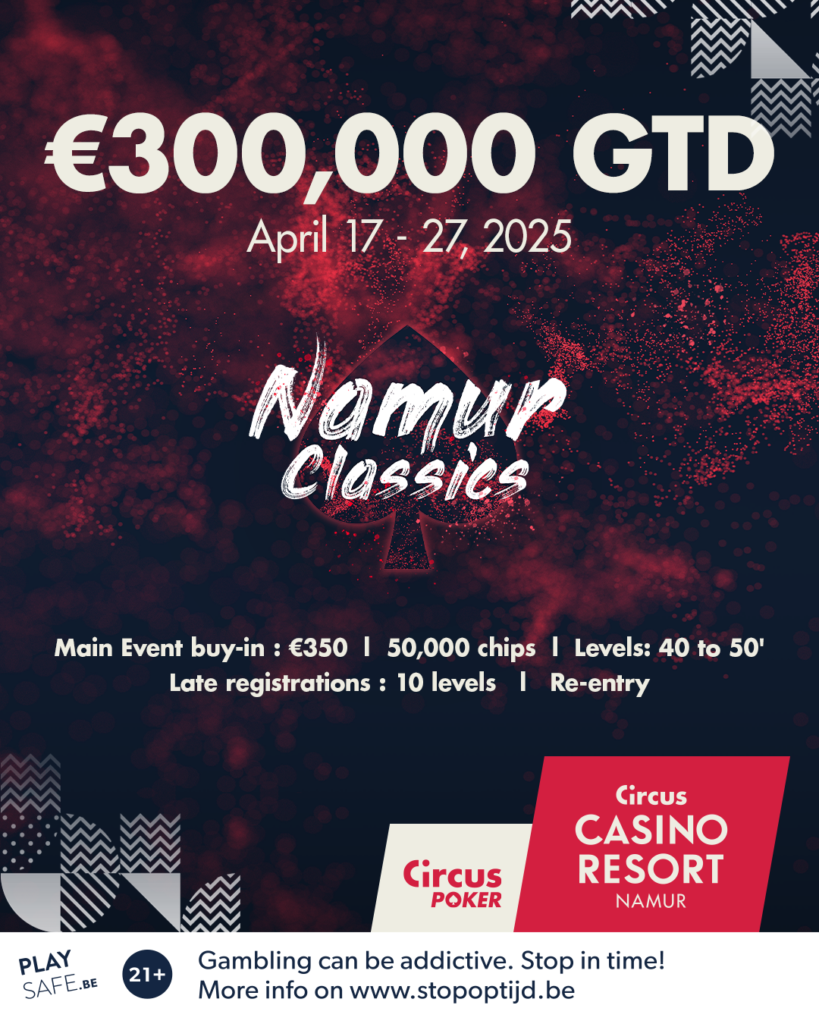 Ein Foto von einem Pokertisch im Casino Namur während des Circus Poker Namur Classics 2025. Spieler sitzen um den Tisch herum und konzentrieren sich auf ihre Karten. Im Hintergrund sind Casino-Licht