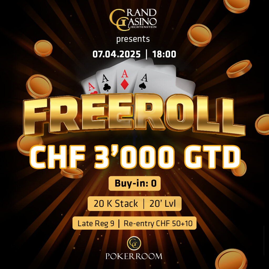 Ein Bild eines Pokertisches mit Spielkarten, Jetons und einem Dealer-Button. Es ist eine Freeroll-Pokerturnierumgebung mit grünem Filz und roten Spielchips.