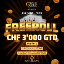 Ein Bild eines Pokertisches mit Spielkarten, Jetons und einem Dealer-Button. Es ist eine Freeroll-Pokerturnierumgebung mit grünem Filz und roten Spielchips.
