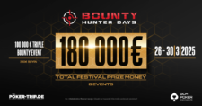 Ein Pokerturnier-Plakat mit dem Titel "Bounty Hunter". Es zeigt eine Illustration eines Kopfgeldjägers, der eine Spielkarte hält, umgeben von Pokerchips und einem goldenen Hinter