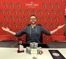 Ein Mann und eine Frau sitzen an einem Pokertisch und spielen Texas Hold'em. Der Mann hat eine gute Hand und schaut selbstbewusst auf seine Karten, während die Frau besorgt aussieht. Um sie herum sind