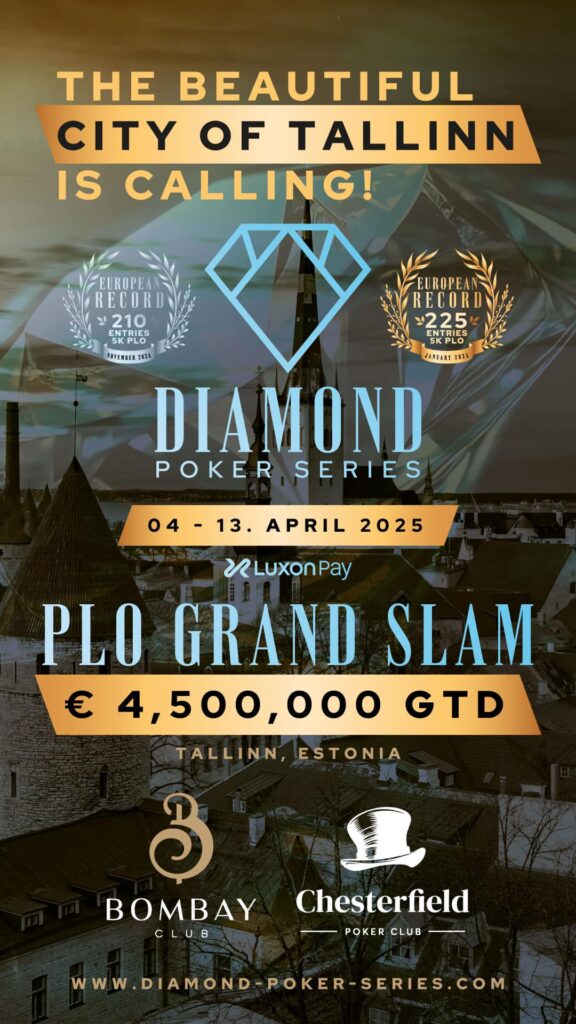 Ein stilvolles Foto eines Pokertisches bei einem Turnier in Tallinn, mit Spielkarten, Pokerchips und einem Dealer.
