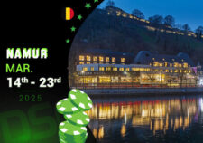 Ein lebhaftes Pokerspiel bei der DSO Namur 2025, mit professionellen Spielern an den Tischen in einem gut besuchten Veranstaltungsraum.