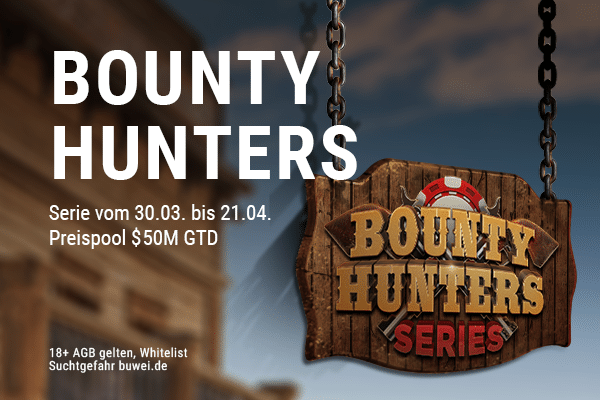 Ein Bild eines Pokertisches mit Chips und Spielkarten, auf dem das Logo "GG Bounty Hunters" zu sehen ist.