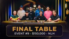 Ein Foto von einem finalen Tisch bei einem Pokerturnier mit einem Buy-in von 150.000 US-Dollar in Jeju. Acht Spieler sitzen an einem Tisch und spielen Poker.