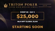 Ein Foto von einer Pokerrunde während des WPT Global Slam auf Jeju Island. Mehrere Spieler sitzen um einen Pokertisch herum, konzentriert auf ihre Karten. Ein Dealer verteilt Karten in der Mitte