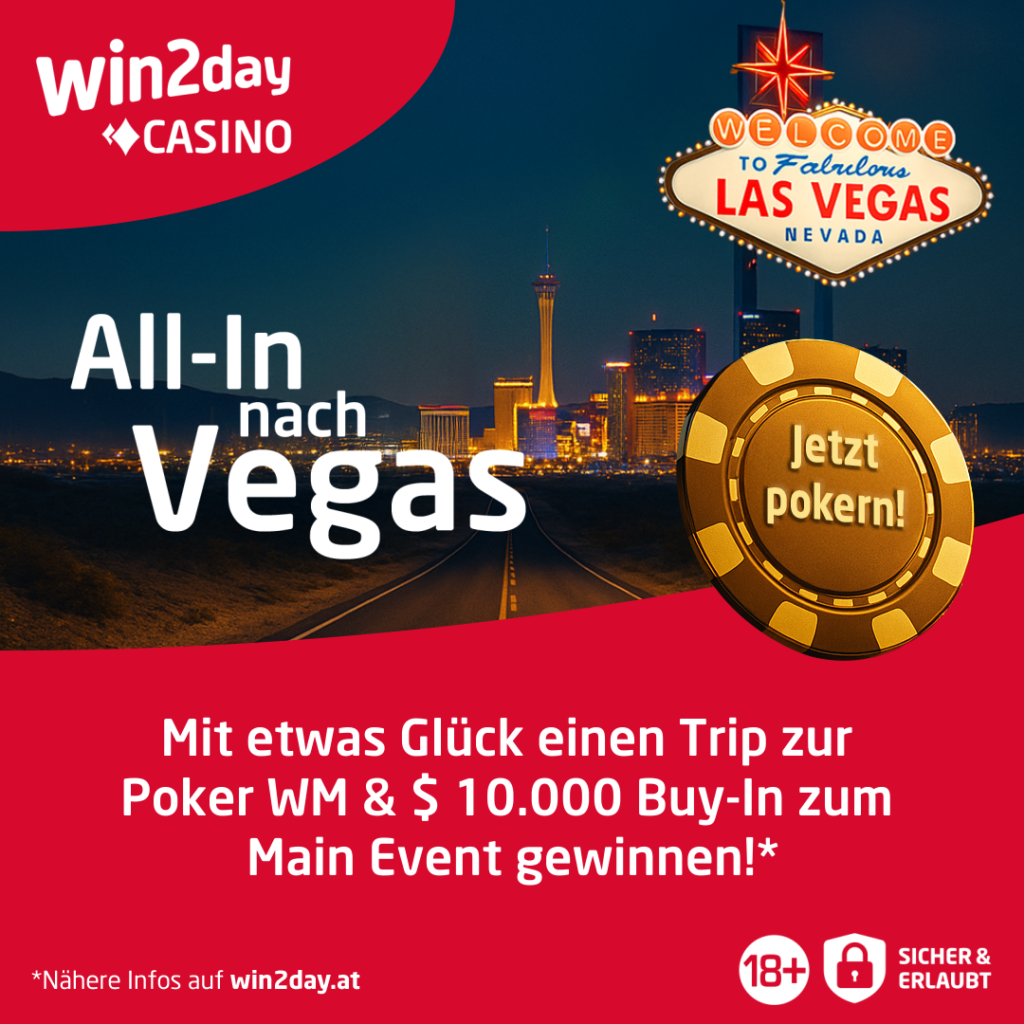 Ein beleuchtetes Pokertisch-Setup in Las Vegas mit Chips, Karten und Getränken, umgeben von einer glamourösen Casino-Atmosphäre.