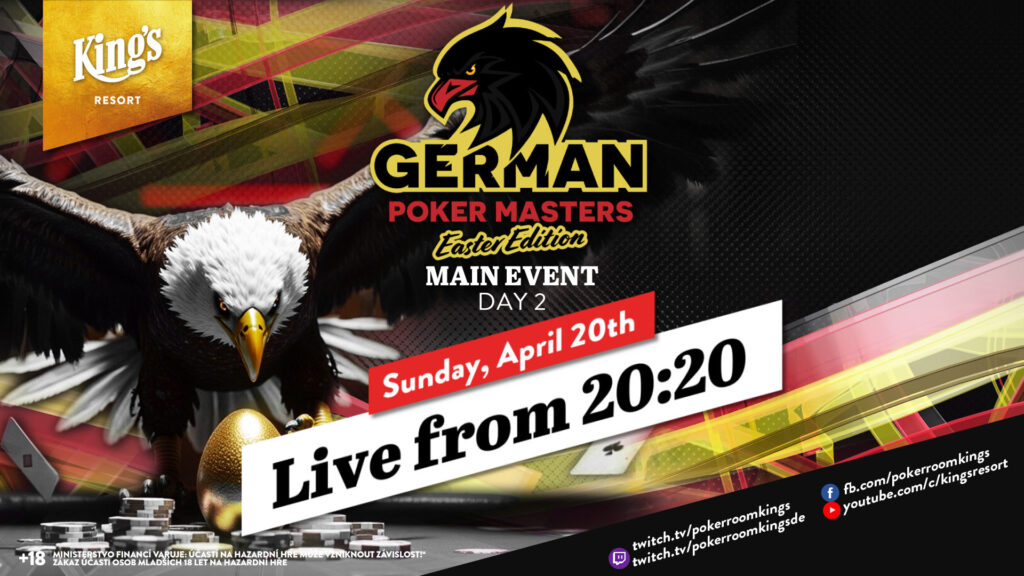 Ein professioneller Pokertisch mit grünem Filz und einem Stapel von Pokerchips in verschiedenen Farben, umgeben von Spielkarten und Getränken. Hände von Spielern sind auf dem Tisch zu sehen.
